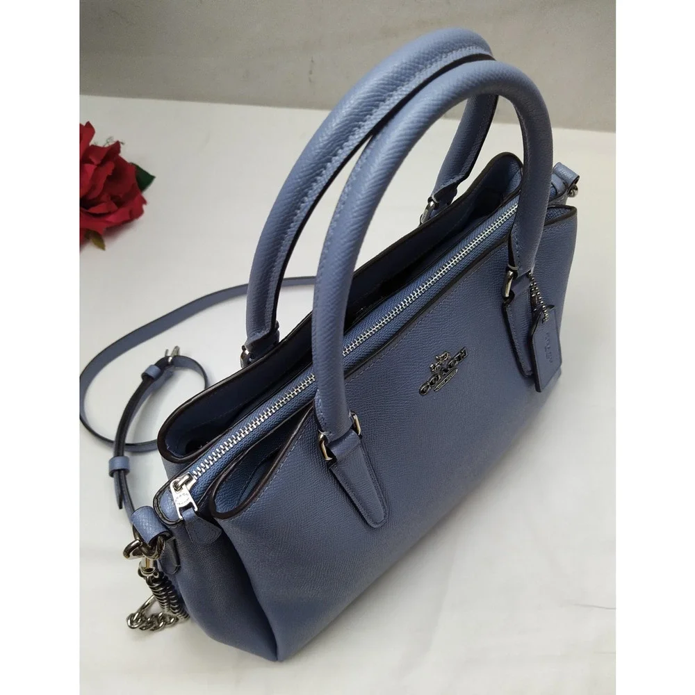 Coach Blue Leather Double Handles Chain Strap Satchel Bag